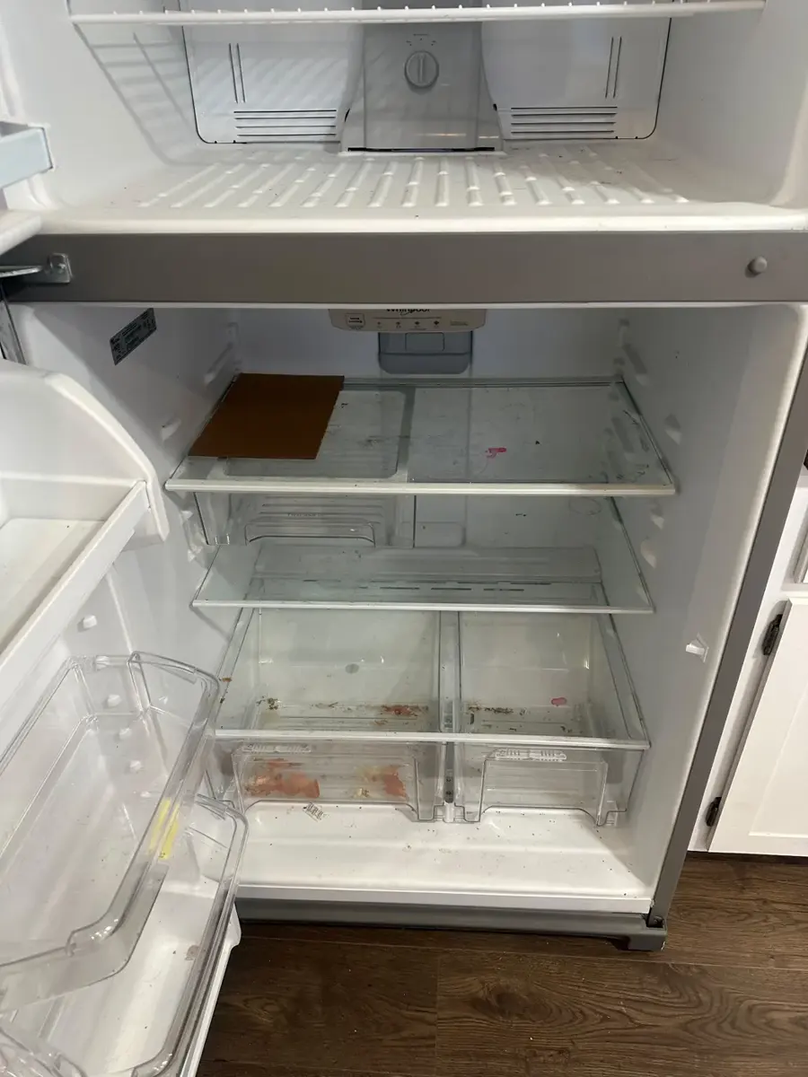 Refrigerator: shelves and drawers cleaned inside, before cleaning